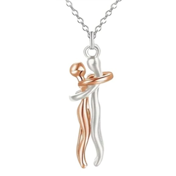 Stainless Steel Hugging Couple Pendant Necklace - Silver Male & Rose Gold Female - Picture 1 of 3